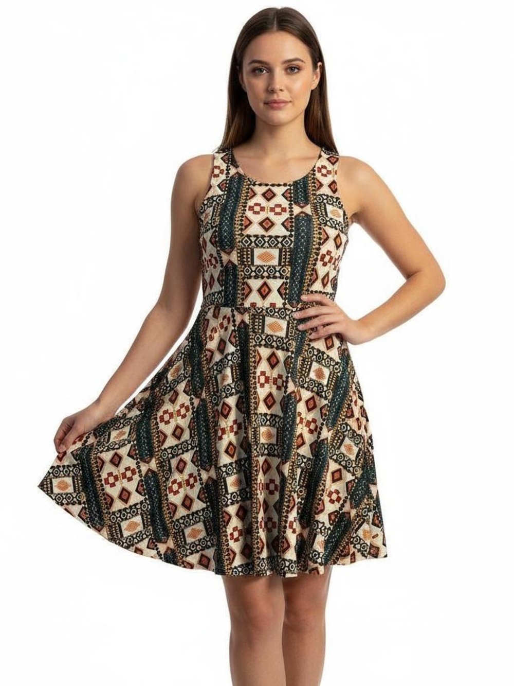 H&M Skater Dress Fit and Flare Multicolor Aztec Geometric Print Boho Stretch